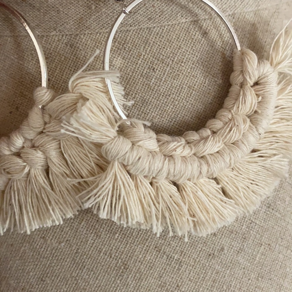 Ivory Boho Macrame Fringe Hand Woven Earrings - Picture 2 of 2